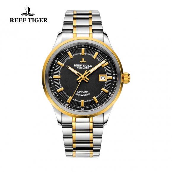 Reef Tiger Imperator Dress Watch Automatic Two Tone Black Dial RGA8015-GBT