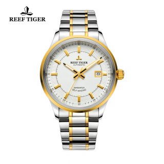 Reef Tiger Imperator Dress Watch Automatic Two Tone White Dial RGA8015-GWT