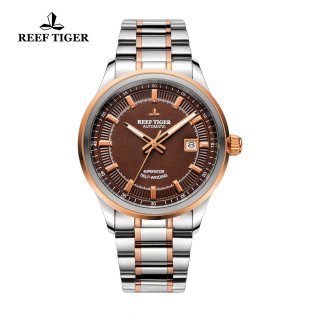 Reef Tiger Imperator Dress Watch Automatic Steel/Rose Gold Brown Dial RGA8015-PST