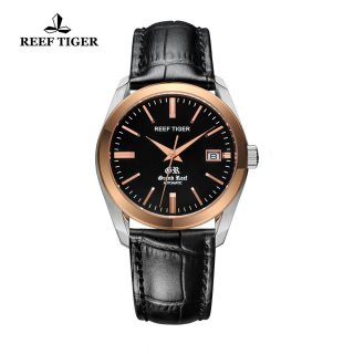 Reef Tiger Grand Reef Dress Watch with Date Black Dial Calfskin Leather Watch RGA818-TBB
