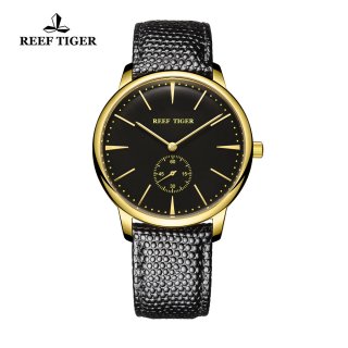 Reef Tiger Vintage Casual Watch Black Dial Yellow Gold Calfskin Leather RGA820-GBB-G