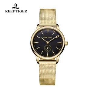 Reef Tiger Vintage Couple Watch Black Dial Full Yellow Gold Womens Watches RGA820-WGBG