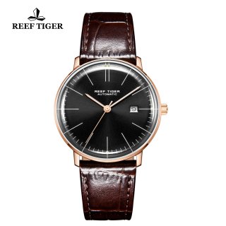 Reef Tiger Classic Legend Fashion Rose Gold Black Dial Leather Strap Automatic Watch RGA8215-PBS