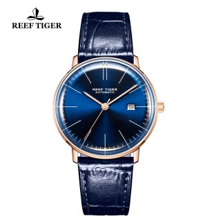 Reef Tiger Classic Legend Fashion Rose Gold Blue Dial Leather Strap Automatic Watch RGA8215-PLL