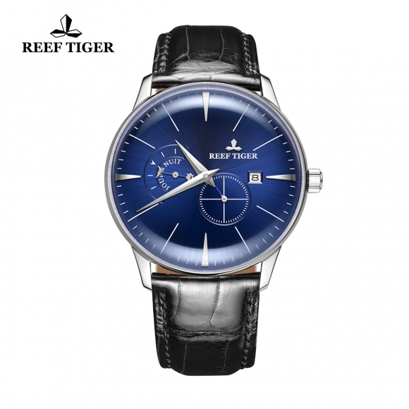 Reef Tiger Classic Artisan Men's Fashion Watch Blue Dial Leather Strap Automatic Watches RGA8219-YLB