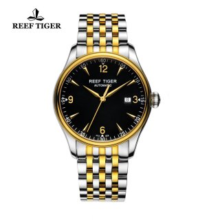 Reef Tiger Heritage Dress Automatic Watch Black Dial Yellow Gold/Steel Case RGA823-TBT