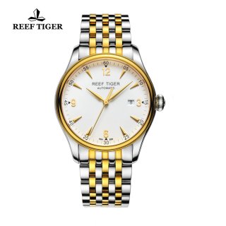 Reef Tiger Heritage Dress Automatic Watch White Dial Yellow Gold/Steel Case RGA823-TWT