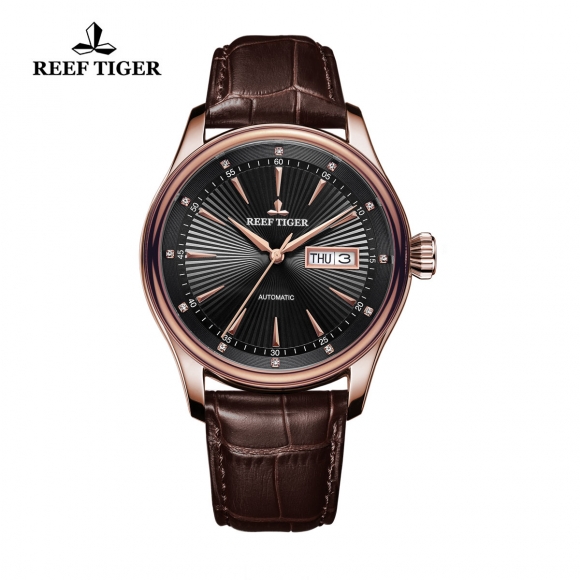 Reef Tiger Heritage II Dress Watch Automatic Black Dial Calfskin Leather Rose Gold Case RGA8232-PBB