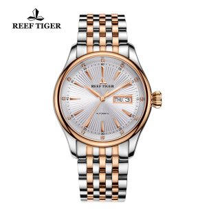 Reef Tiger Heritage II Dress Watch Automatic White Dial Two Tone Case RGA8232-PWT