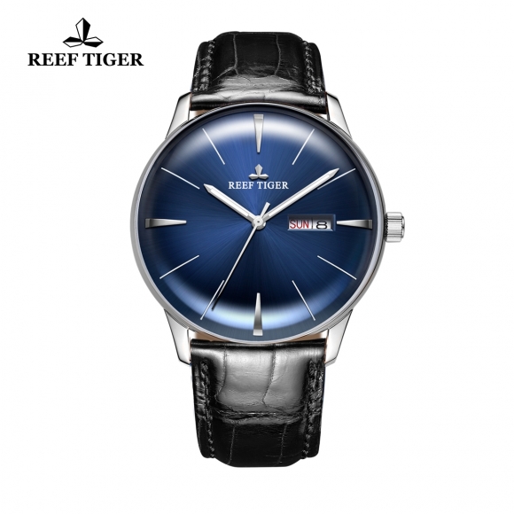 Reef Tiger Classic Heritor Men's Fashion Watch Blue Dial Leather Strap Automatic Watches RGA8238-YLB