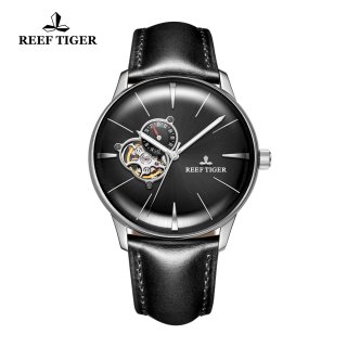 Reef Tiger Classic Glory Men's Automatic Watch Leather Strap Black Dial Watch RGA8239-YBBH