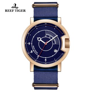 Reef Tiger 1980S Limited Edition Mens Rose Gold Blue Dial Nylon Strap Automatic Watch RGA9035-PLL