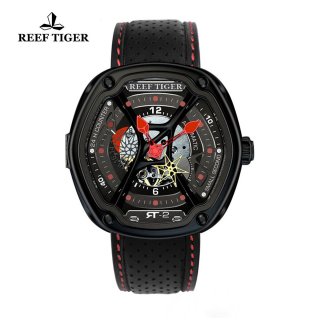 Reef Tiger Gaia's Light Sport Watches Automatic Watch PVD Case Leather Strap Watch RGA90S7-BSBL
