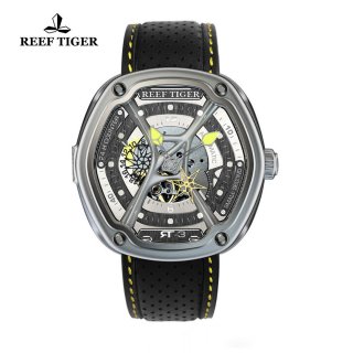 Reef Tiger Gaia's Light Sport Watches Automatic Watch Steel Case Leather Strap RGA90S7-YSBL