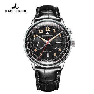 Reef Tiger Limited Edition Luxury Ventage Stainless Steel Black Dial Leather Automatic Watch RGA9122-YBB