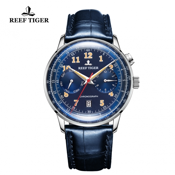 Reef Tiger Limited Edition Luxury Ventage Stainless Steel Blue Dial Leather Automatic Watch RGA9122-YLL
