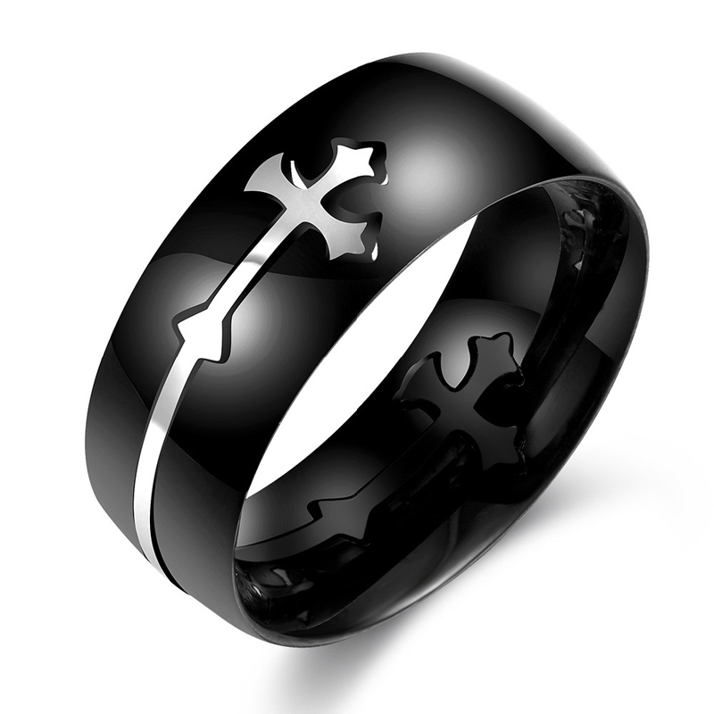 Stainless Steel Cool Fashion Iron Cross Ring Man Black Oil Painting Men's Punk Jewelry R022