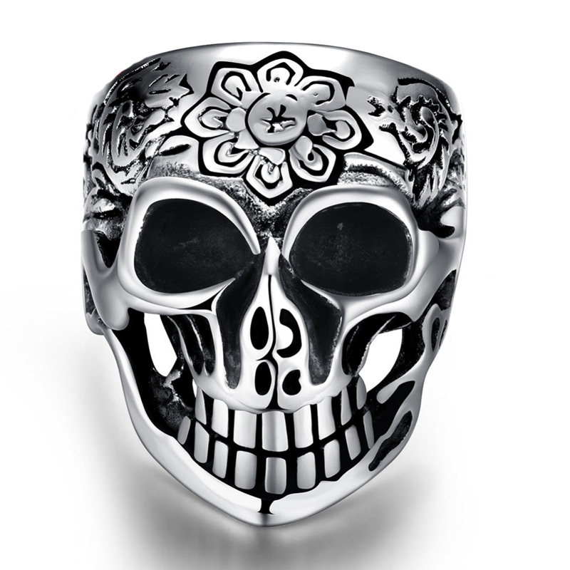 Hot Sale Stainless Steel Skull with Flower Punk Ring Retro Vintage Biker Large Antique Black Men's Rings